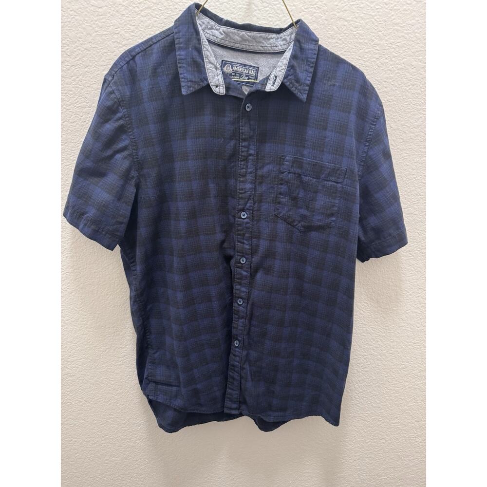 American Rag Cie Men's L Blue/Black Plaid Button-Up Short Sleeve Shirt